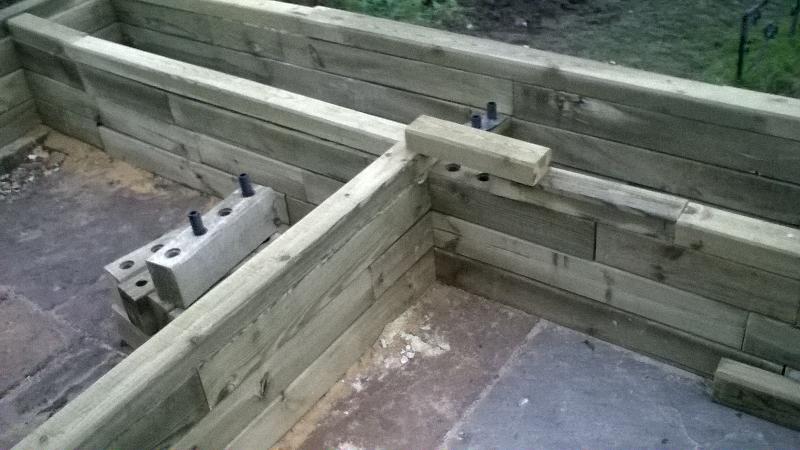 Terraced raised beds with steps to patio and with pond and seat.
