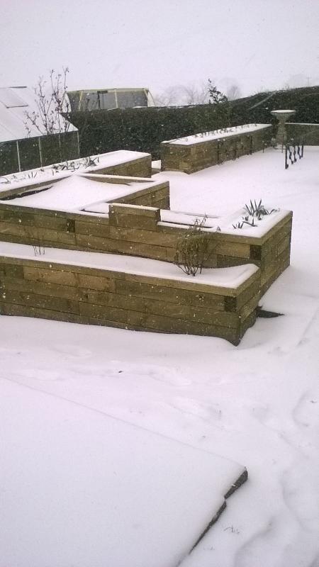 Terraced raised beds with steps to patio and with pond and seat.