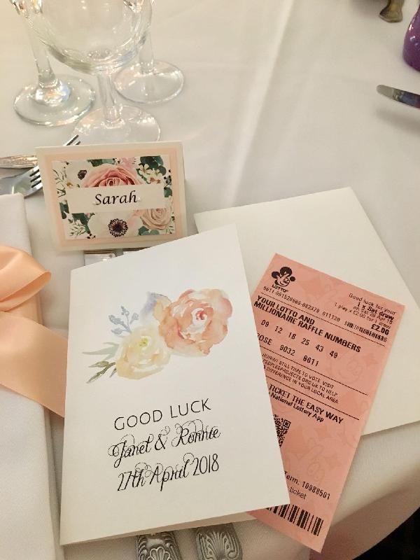 Lottery wedding favour cards.