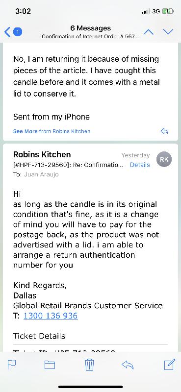 Not buying here again. Article with a missing piece and awful customer serv