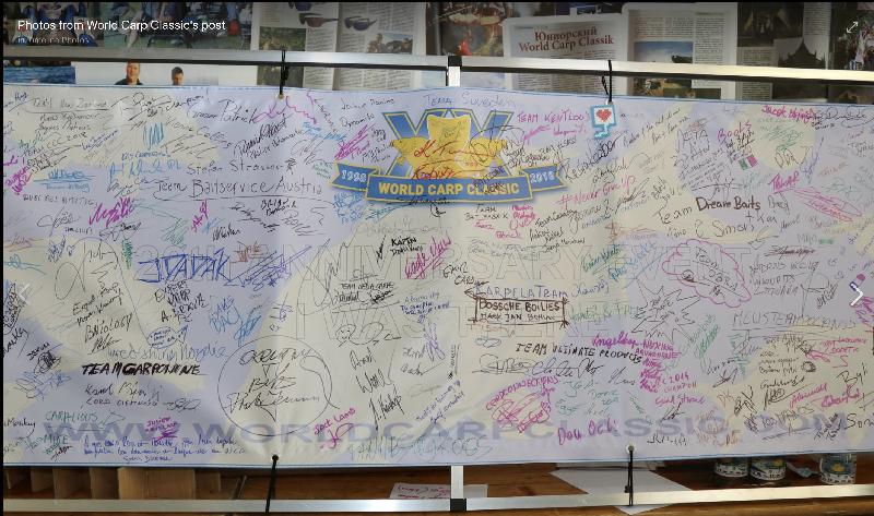 WCC18 20th Anniversary banner signed by many of the world great carpanglers