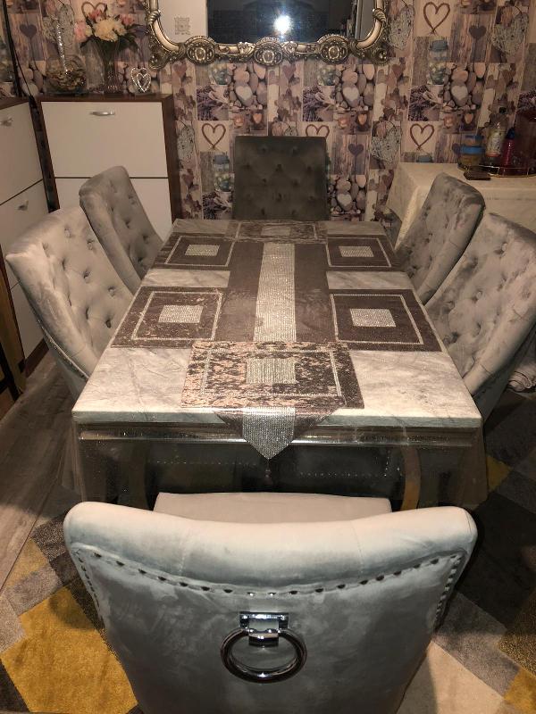 Arianna 150cm Grey Marble Table and 6 Knocker Chairs