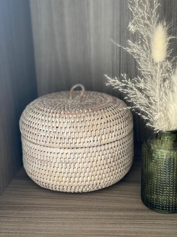 Round Rattan Storage Box White