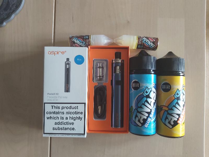 Aspire-pockex-kit and liquids ice fanstasi blue raspberry and other mango