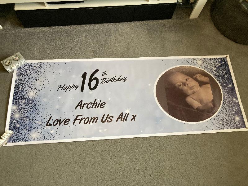 Happy 16th Birthday Sparkles Royal Blue Design Medium Personalised Banner – 6ft x 2.25ft