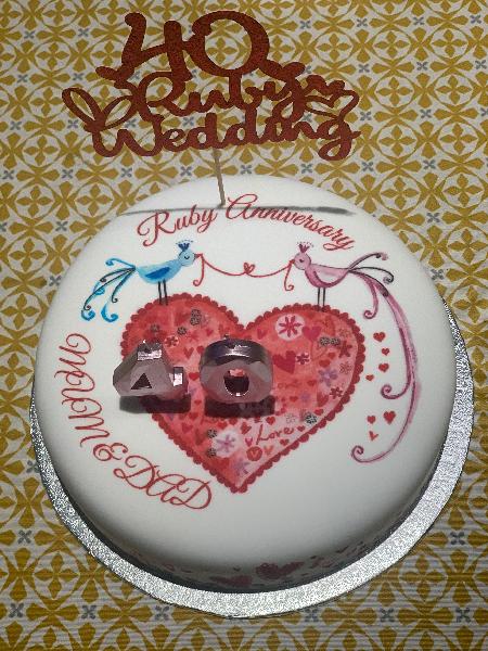 Personalised Ruby Anniversary Love Birds Heart Cake from bakerdays