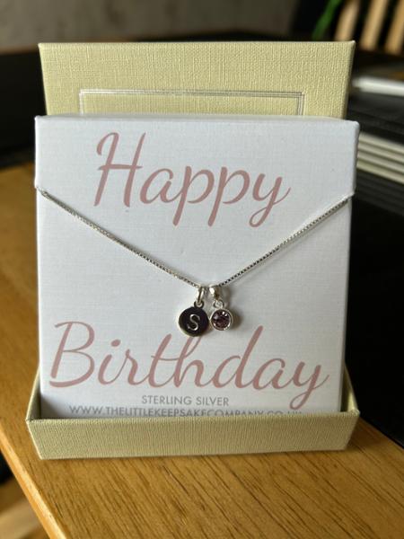 Sterling Silver Engraved Initial Disc Necklace - With Birthstone Charm
