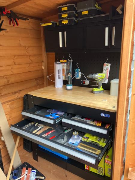 SGS Garage Workbench with Pegboard Wall Cabinets and Sockets