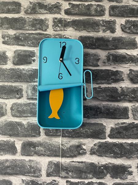 Sardine Tin Wall Clock, Blue, Battery Powered with Fish Pendulum