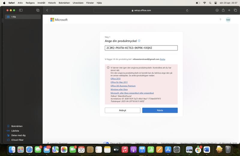 Produktnyckeln till Officepaket funkar inte.