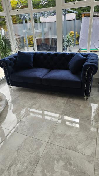 Velvet Camden Navy Blue 3 Seater Chesterfield Sofa With Acrylic Feet