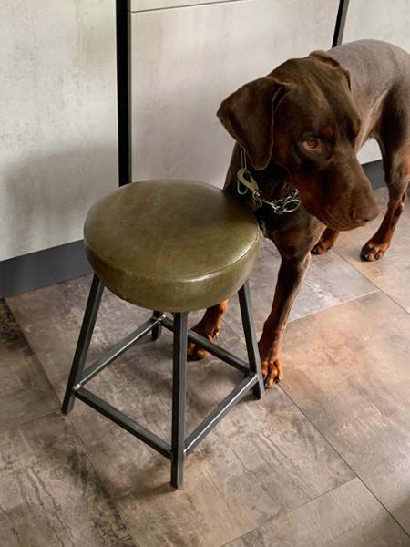 Beatrice Hyde - Low Industrial Bar Stool with Thick Leather Seat