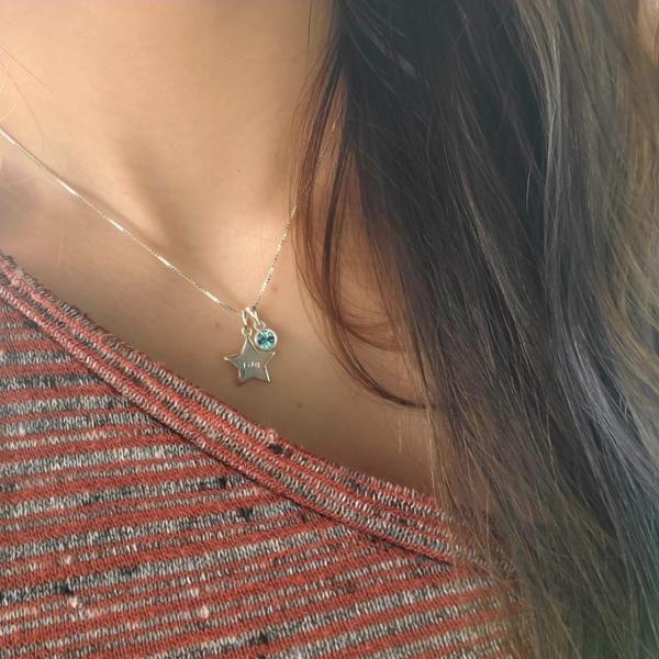 Sterling Silver Engraved Mini Star Necklace - With Birthstone Charm