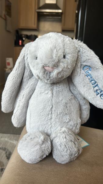 Personalised on ear Jellycat bashful bunny soft toy in a choice of colours