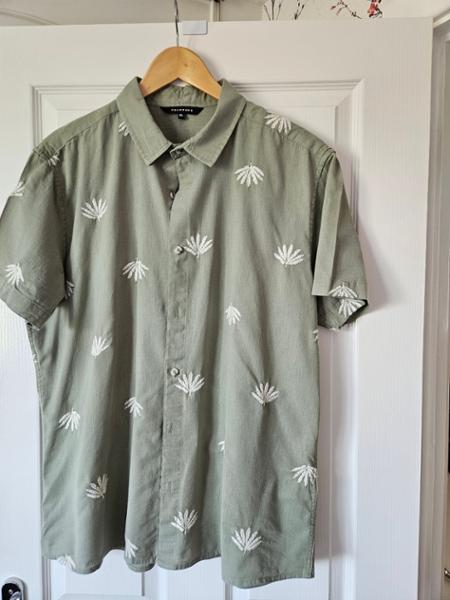 Mens Sage Leaf Embroidered Linen Blend Shirt