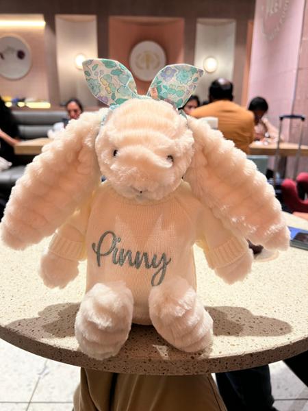 Personalised soft toy jumper and Liberty London aqua floral bunny ears scrunchie