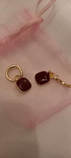 Womens Gold & Burgundy Enamel Drop Earrings
