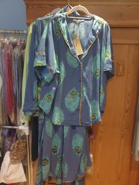 Their Nibs, Womens Linen Mix Oversize Scallop Pyjamas Navy Peacock Feather, XS