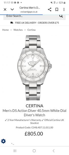 White Certina DD divers watch