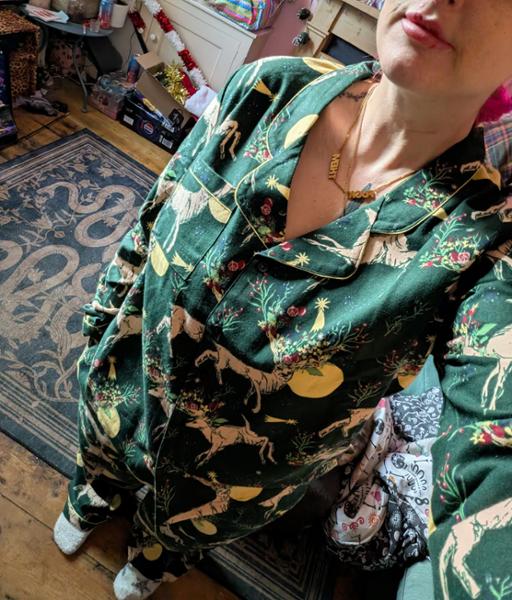 Womens Brushed Cotton Traditional Pyjamas Green Forest Reindeer