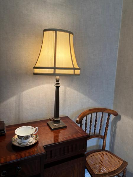 Dupion silk banded oval lampshade in honey