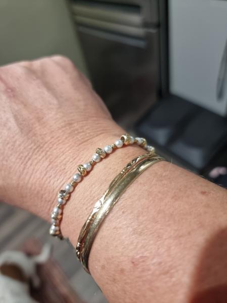 Yellow Gold Vermeil Beaded Pearl Slider Bracelet - Yellow Gold Initial Disc