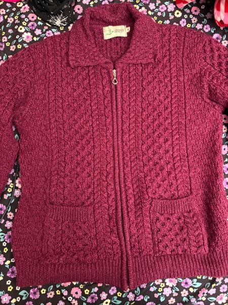 Irish Aran Zip with Collar Raspberry -M-Raspberry
