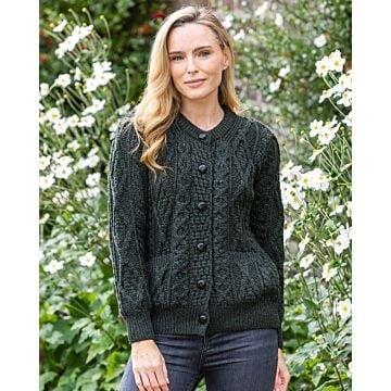 100% Wool Irish Aran Cardigan - Army