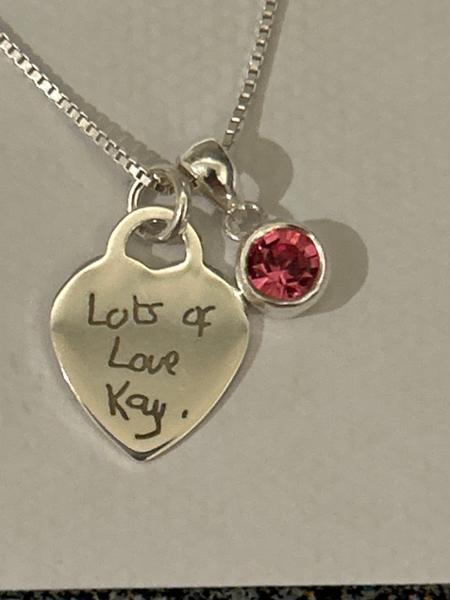 Sterling Silver Handwriting Mini Heart Necklace - With Birthstone Charm