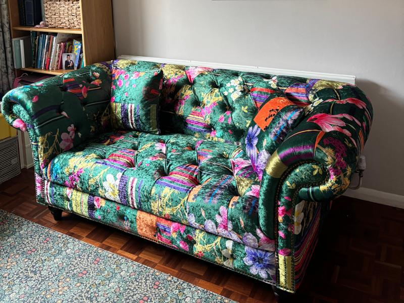 Fabric Green Patchwork 2 Seater Scroll Arm Chesterfield Sofa PORTOFINO