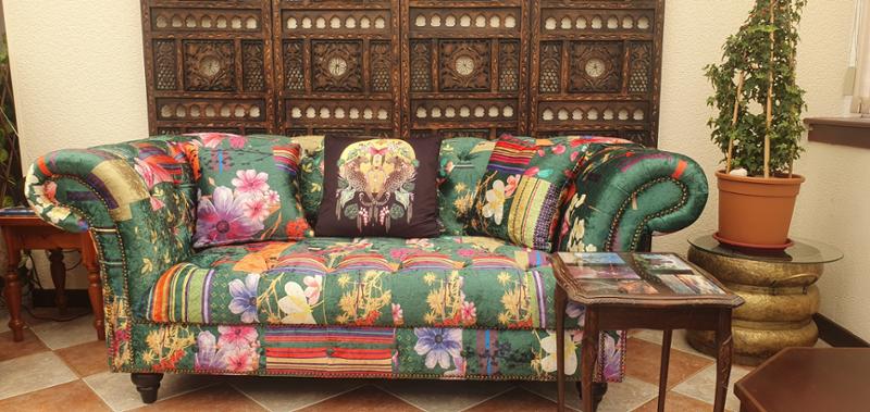 Fabric Green Patchwork 2 Seater Scroll Arm Chesterfield Sofa PORTOFINO