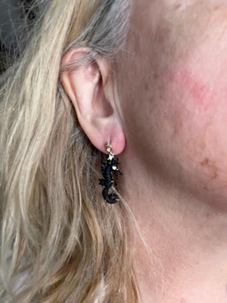 Lehrer Sea Horse Carvings Black Onyx & White Zircon 9K Gold Earrings ATGW 11.93cts