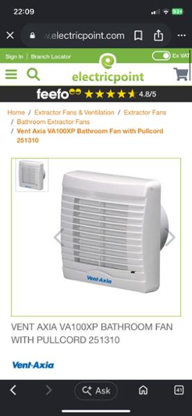 Vent Axia VA100XP Bathroom Extractor Fan Pullcord & Shutter 251310