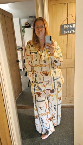 Womens Cream Natural Sea Life Tile Cotton Voile Boyfriend Shirt Pyjama Set