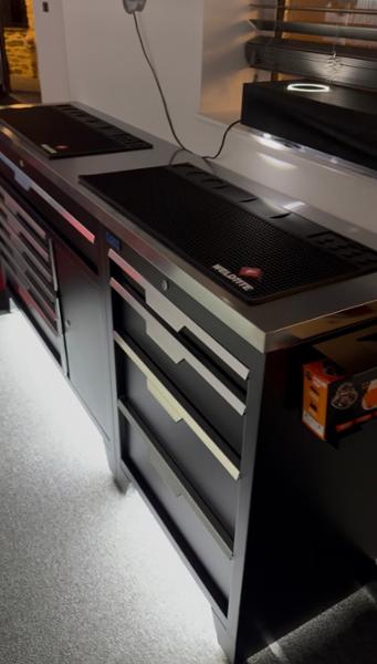 Triple workbench, stainless top and power tool charger cabinets x2