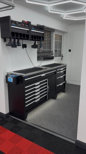 Triple workbench, stainless top and power tool charger cabinets x2