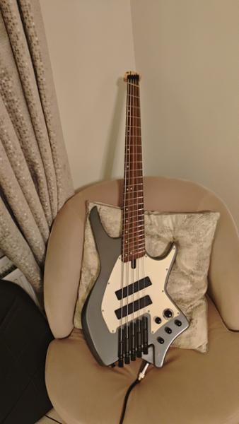 HILS NEXT HNB5 5-String Bass Guitar in Gloss Gunmetal Grey with Fanned Frets