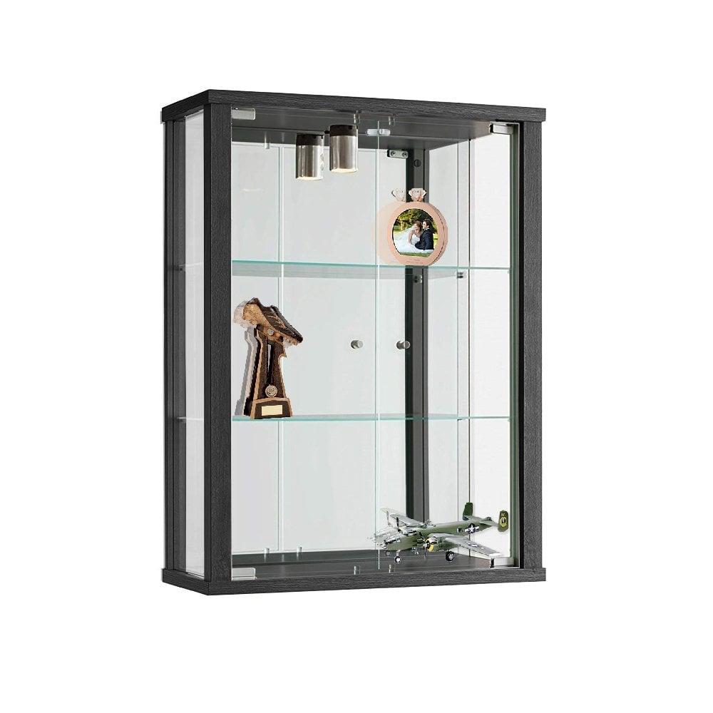 Black Wall Mounted Lockable Glass Display Cabinet With Lighting