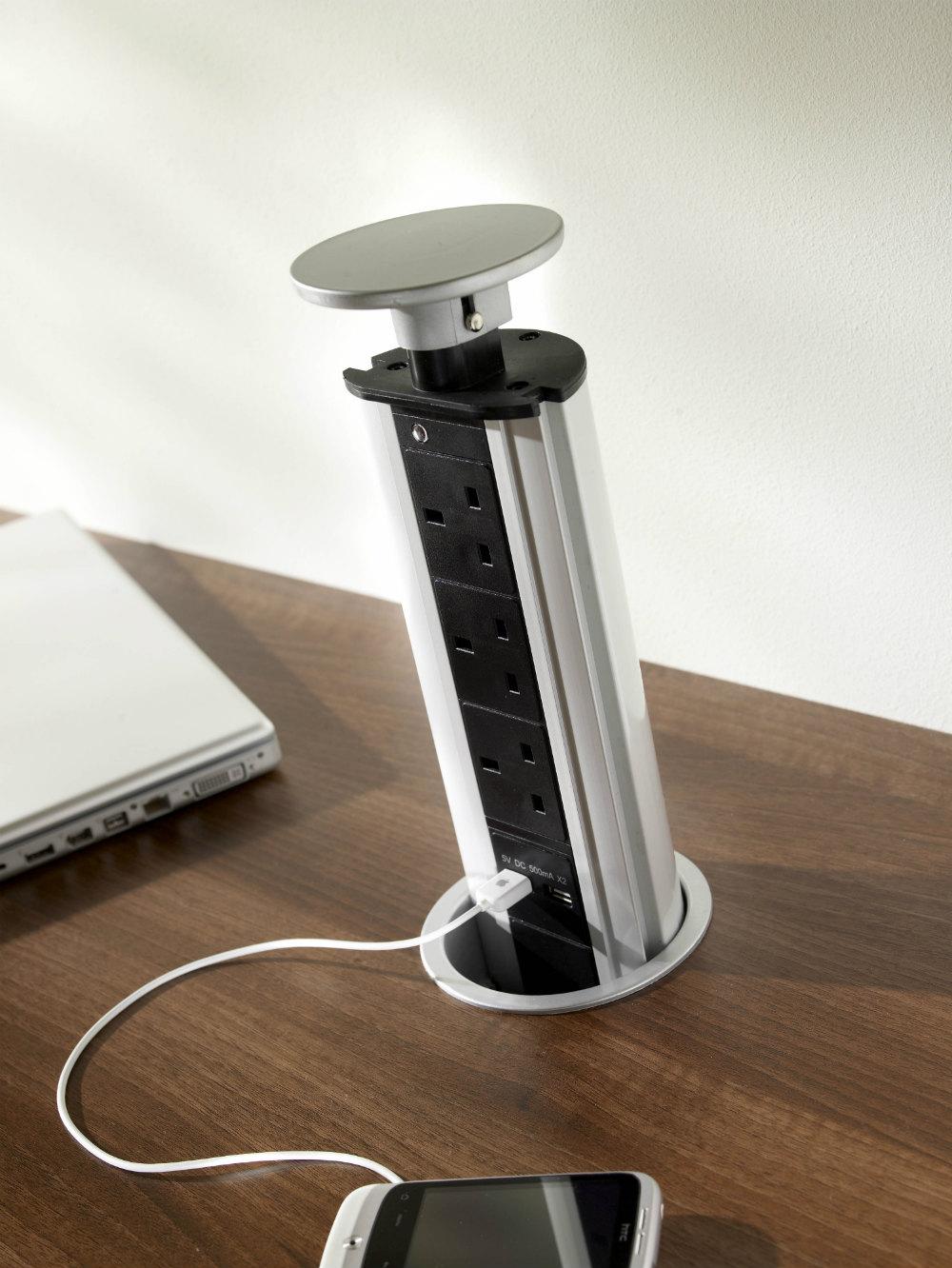 Pop Up Plug Socket In Satin Chrome With Usb Charging 3 X Uk Plug